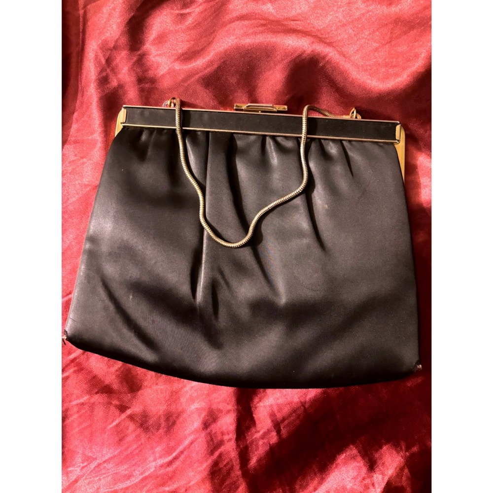 Vintage Ande Black Satin Evening Bag Gold Frame Clutch Snake Chain Strap